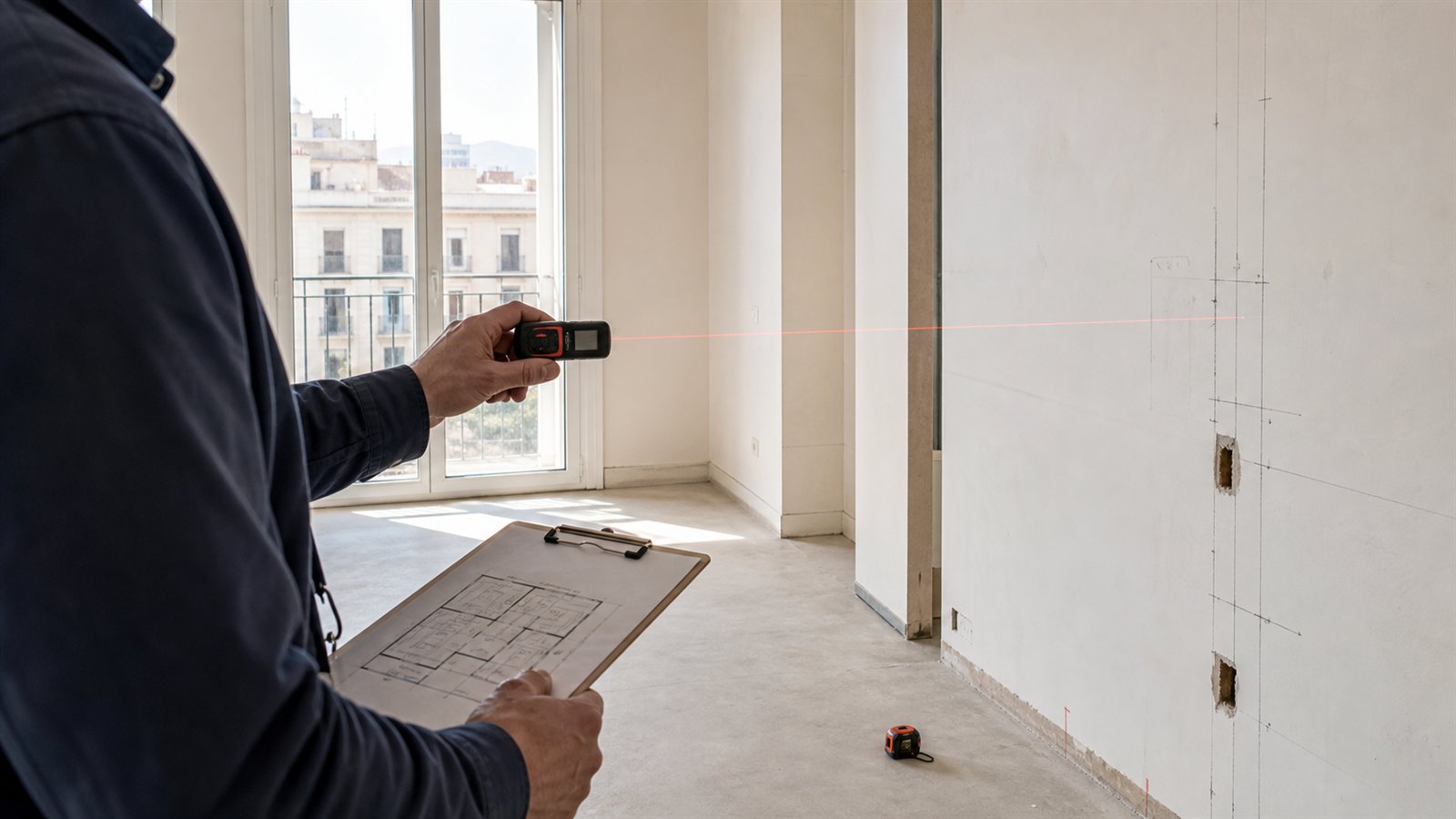 Técnico midiendo una vivienda con medidor láser antes de la obra