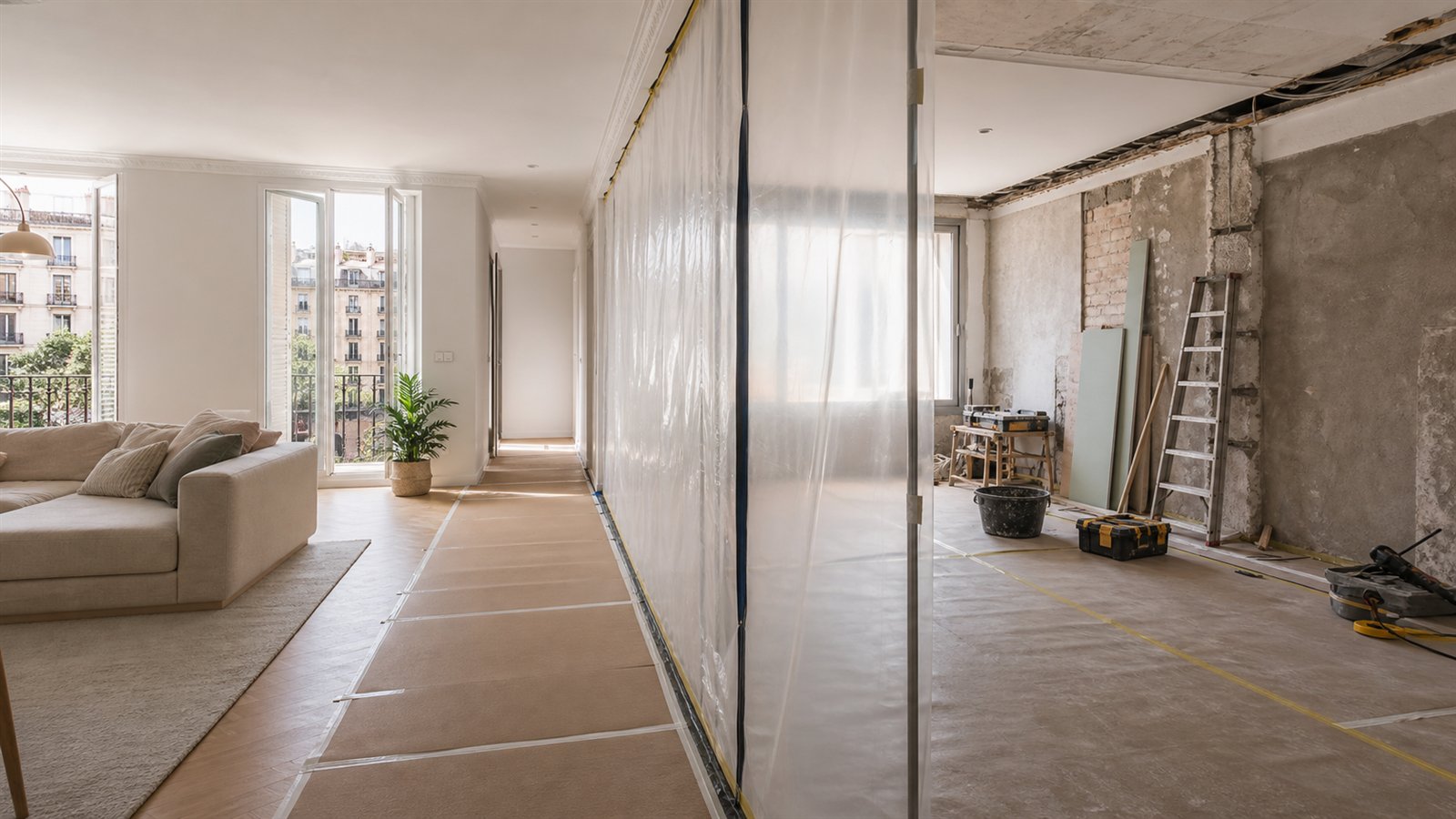 Zona habitable protegida y separada de una zona en obras dentro de una vivienda