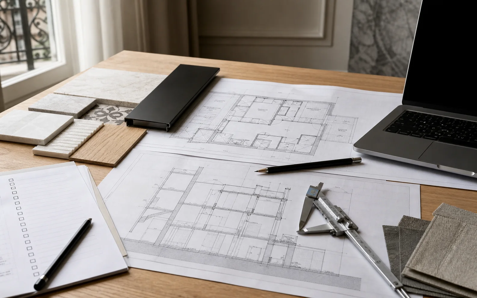 Mesa de arquitecto con planos y muestras de materiales para una reforma en Barcelona