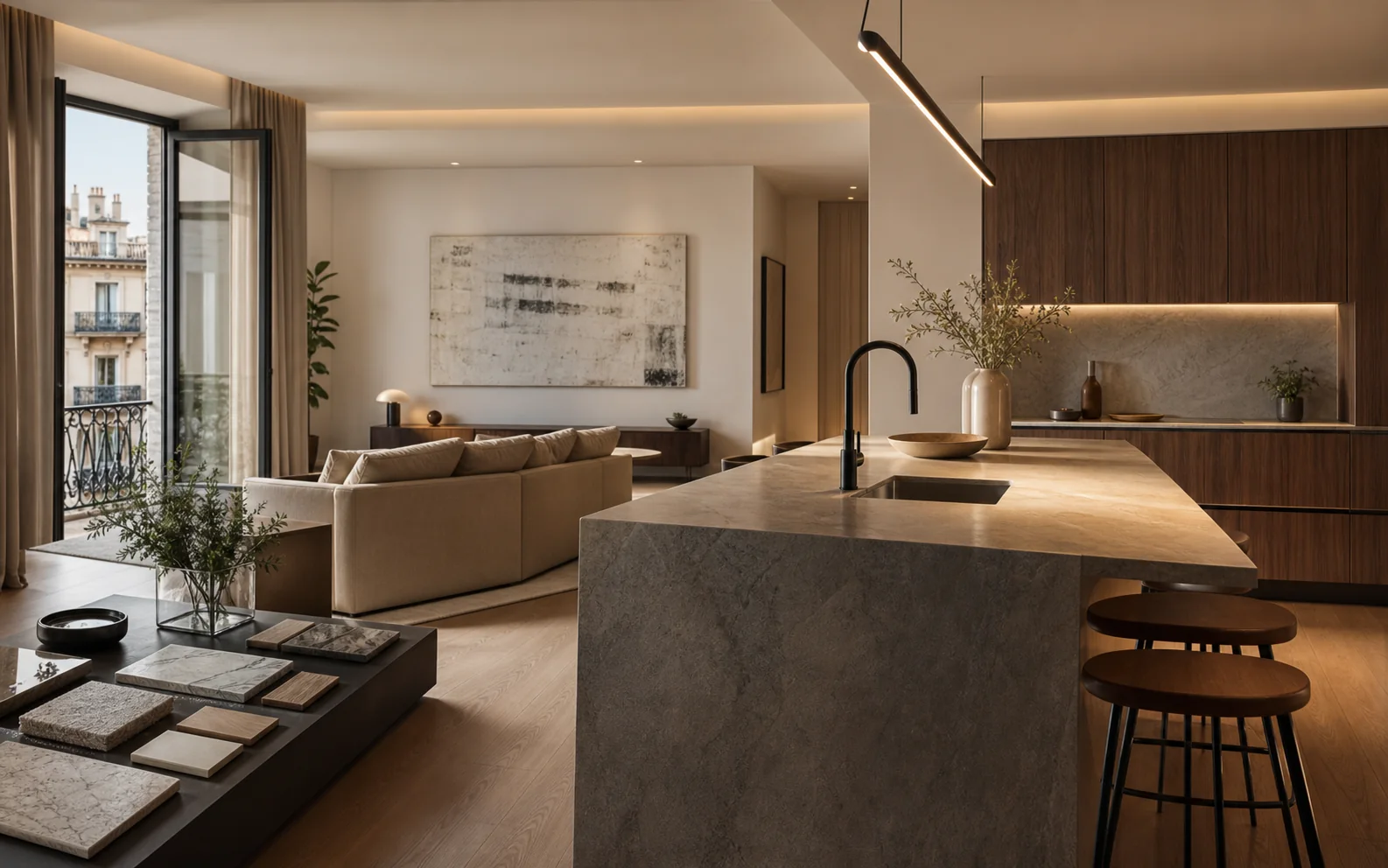 Vivienda de alto standing reformada en Barcelona con cocina de piedra, madera e iluminación indirecta